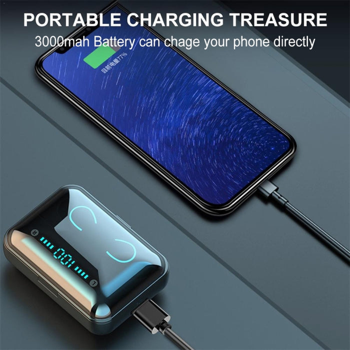 F9-5 Auricular Bluetooth táctil inteligente con cancelación de ruido y caja de carga, compatible con pantalla de alimentación LED de tres pantallas, llamadas HD, banco de energía y Siri
