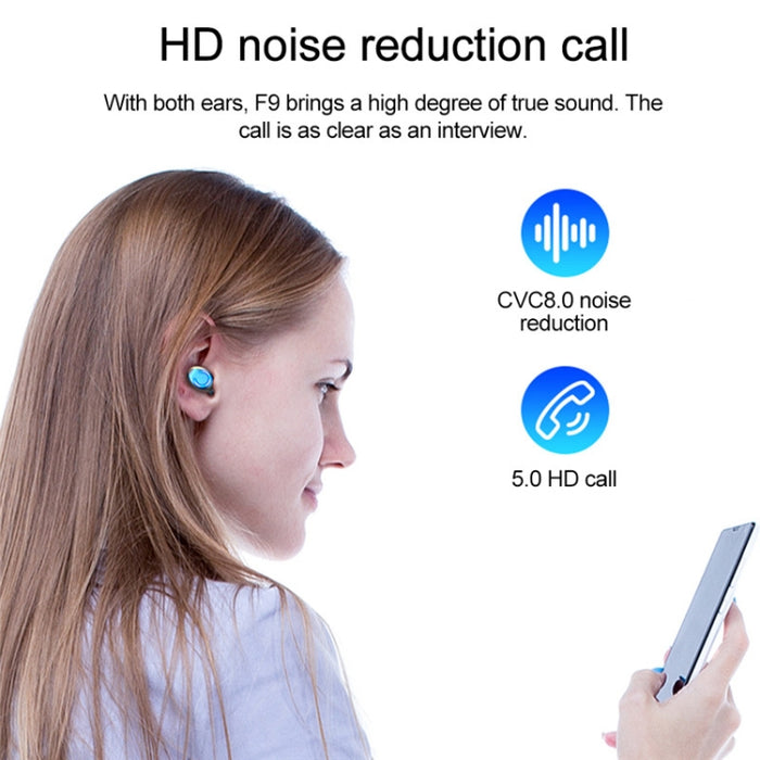 F9-9 TWS CVC8.0 Auricular Bluetooth con cancelación de ruido con caja de carga, compatible con efecto de iluminación táctil y pantalla de alimentación LED de tres pantallas y banco de energía y soporte para teléfono móvil y llamada HD y asistente de voz