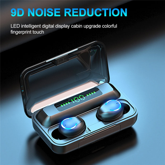 F9-9 TWS CVC8.0 Auricular Bluetooth con cancelación de ruido con caja de carga, compatible con efecto de iluminación táctil y pantalla de alimentación LED de tres pantallas y banco de energía y soporte para teléfono móvil y llamada HD y asistente de voz