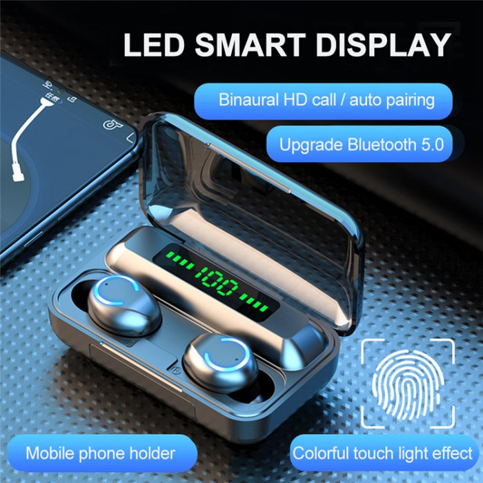 F9-9 TWS CVC8.0 Auricular Bluetooth con cancelación de ruido con caja de carga, compatible con efecto de iluminación táctil y pantalla de alimentación LED de tres pantallas y banco de energía y soporte para teléfono móvil y llamada HD y asistente de voz