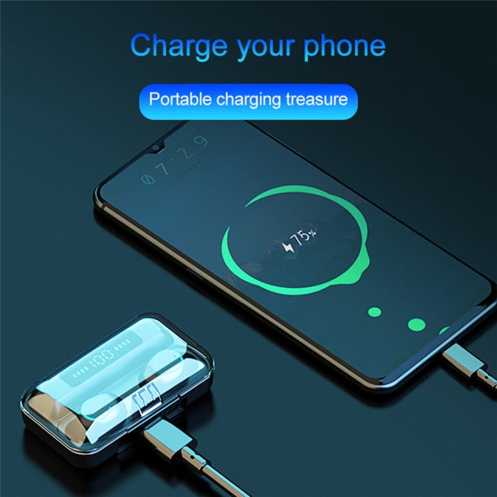 F9-9 TWS CVC8.0 Auricular Bluetooth con cancelación de ruido con caja de carga, compatible con efecto de iluminación táctil y pantalla de alimentación LED de tres pantallas y banco de energía y soporte para teléfono móvil y llamada HD y asistente de voz