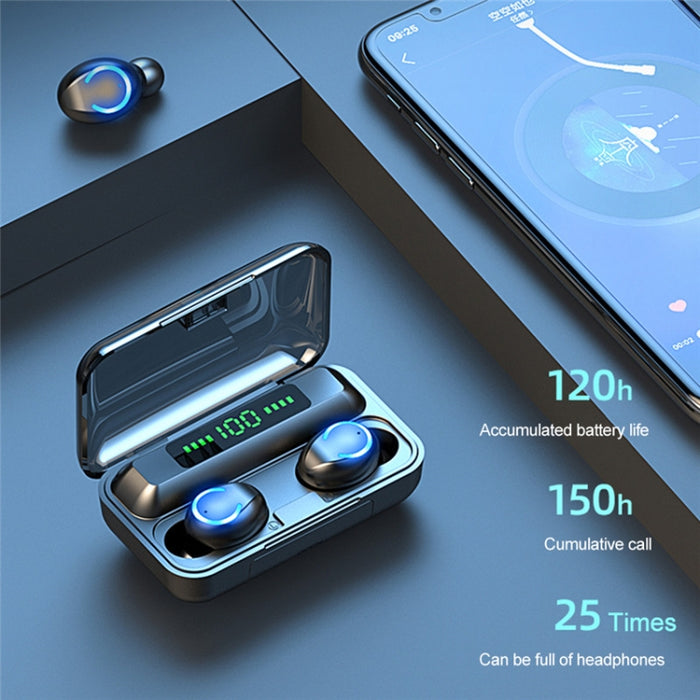 F9-9 TWS CVC8.0 Auricular Bluetooth con cancelación de ruido con caja de carga, compatible con efecto de iluminación táctil y pantalla de alimentación LED de tres pantallas y banco de energía y soporte para teléfono móvil y llamada HD y asistente de voz