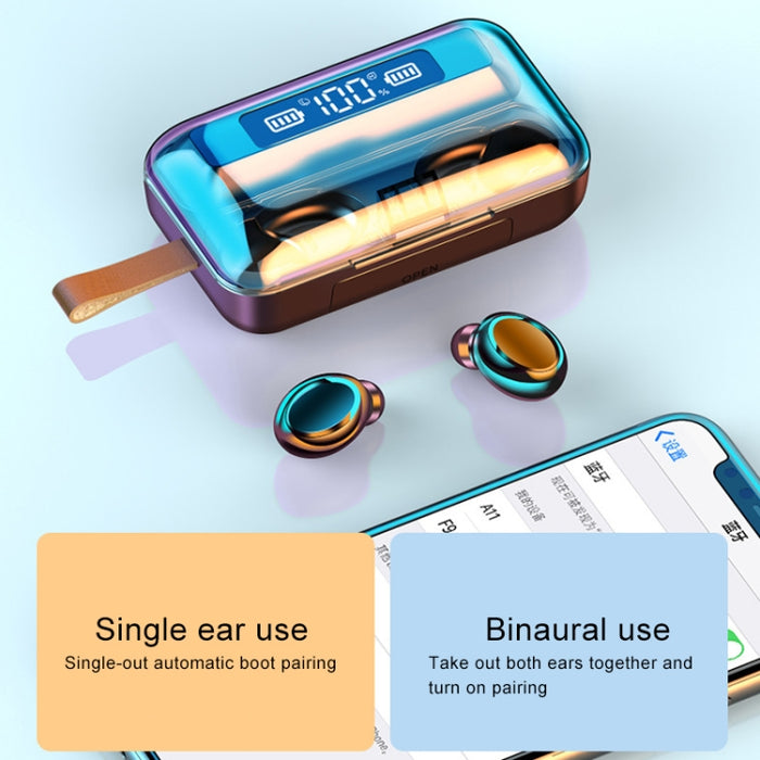 F9-5C Jerry Solution Touch Auricular Bluetooth con caja de carga magnética, compatible con pantalla de alimentación LED de tres pantallas, banco de energía, llamada, Siri y correa de mano