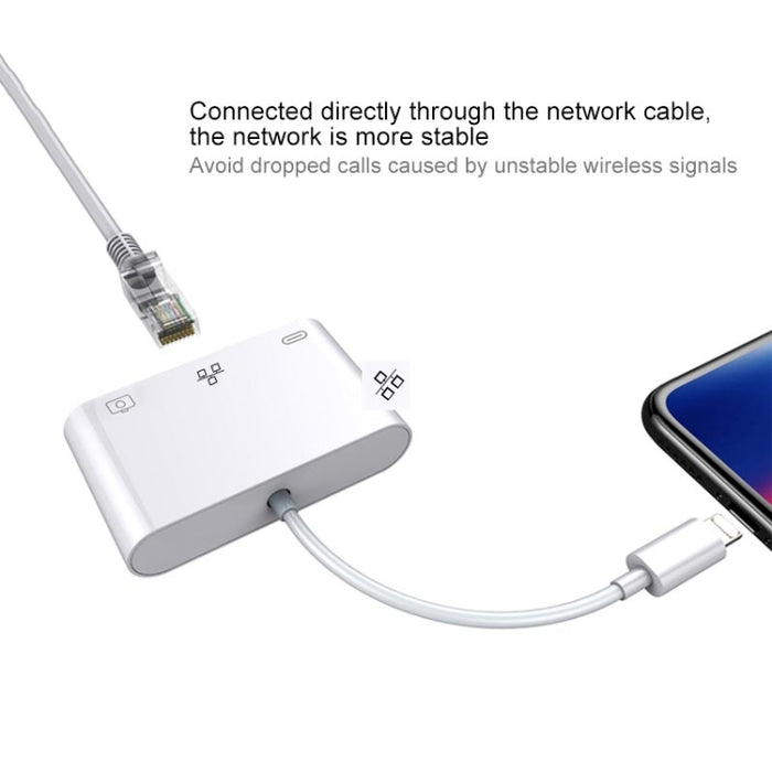 Adaptador de red de 8 pines a RJ45 de 1000 Mbps + puerto de carga + convertidor multifunción de lectura USB de cámara