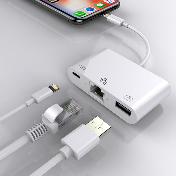 Adaptador de red de 8 pines a RJ45 de 1000 Mbps + puerto de carga + convertidor multifunción de lectura USB de cámara