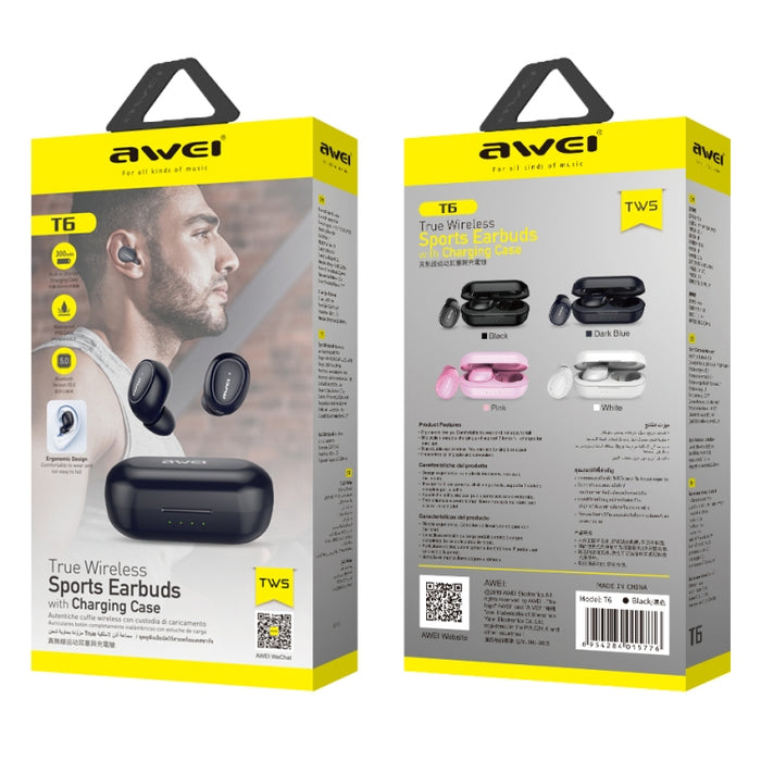 awei T6 TWS Bluetooth V5.0 Ture Auriculares deportivos inalámbricos con estuche de carga