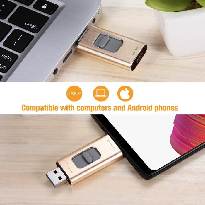 Richwell 3 en 1 32G Type-C + 8 Pin + USB 3.0 Disco flash push-pull de metal con función OTG