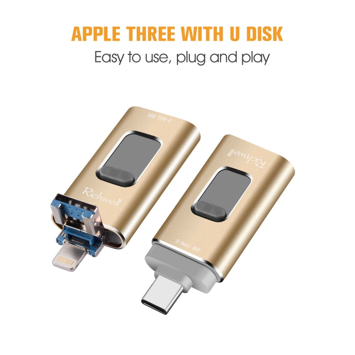 Richwell 3 en 1 64G Type-C + 8 Pin + USB 3.0 Disco flash push-pull de metal con función OTG
