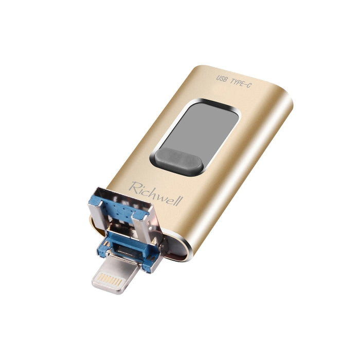 Richwell 3 en 1 64G Type-C + 8 Pin + USB 3.0 Disco flash push-pull de metal con función OTG