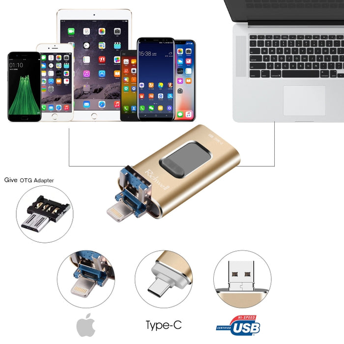 Richwell 3 en 1 128G Type-C + 8 Pin + USB 3.0 Disco flash push-pull de metal con función OTG
