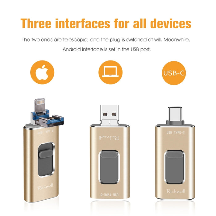 Richwell 3 en 1 128G Type-C + 8 Pin + USB 3.0 Disco flash push-pull de metal con función OTG