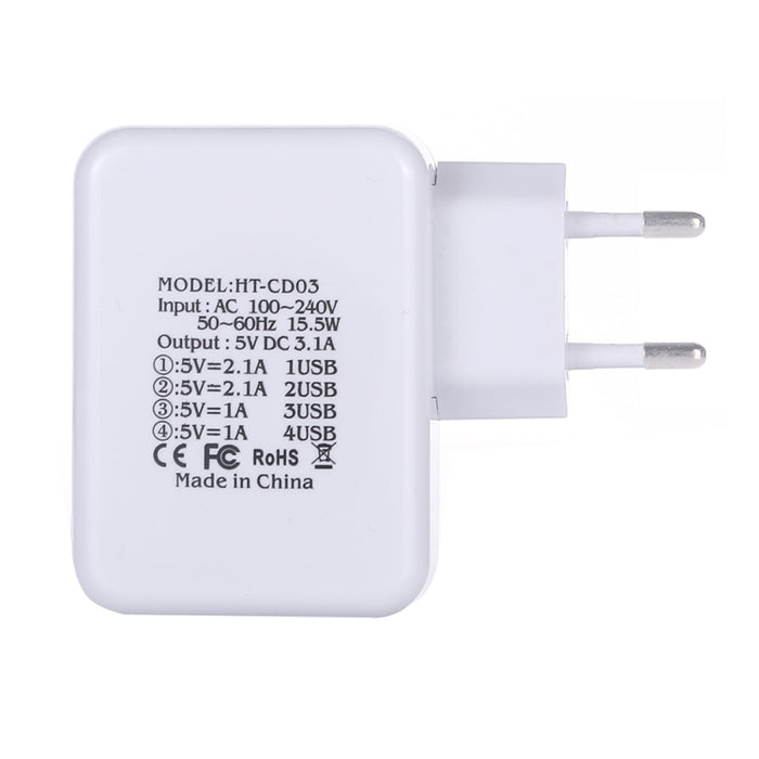 HT-CD03 15.5W 5V 3.1A Cargador de viaje con cargador de pared USB de 4 puertos, enchufe de la UE