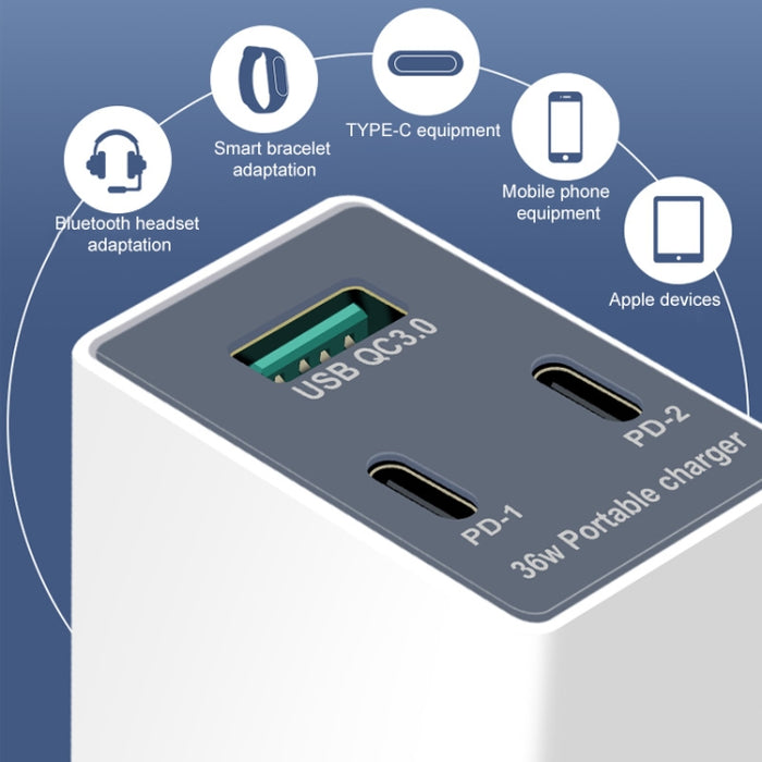 WLX-X3 36W 90 grados Cargador USB multifunción portátil con clavija plegable, enchufe de EE. UU.