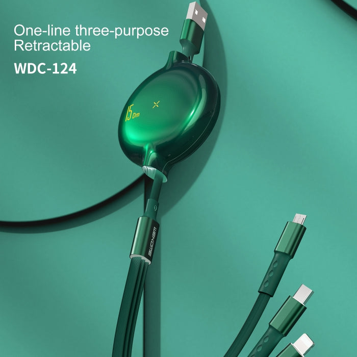 WK WDC-124 3A 3 en 1 Cable de datos de carga telescópico de 8 pines + Tipo-C / USB-C + Micro USB Serie Bona, Longitud: 1,5 m