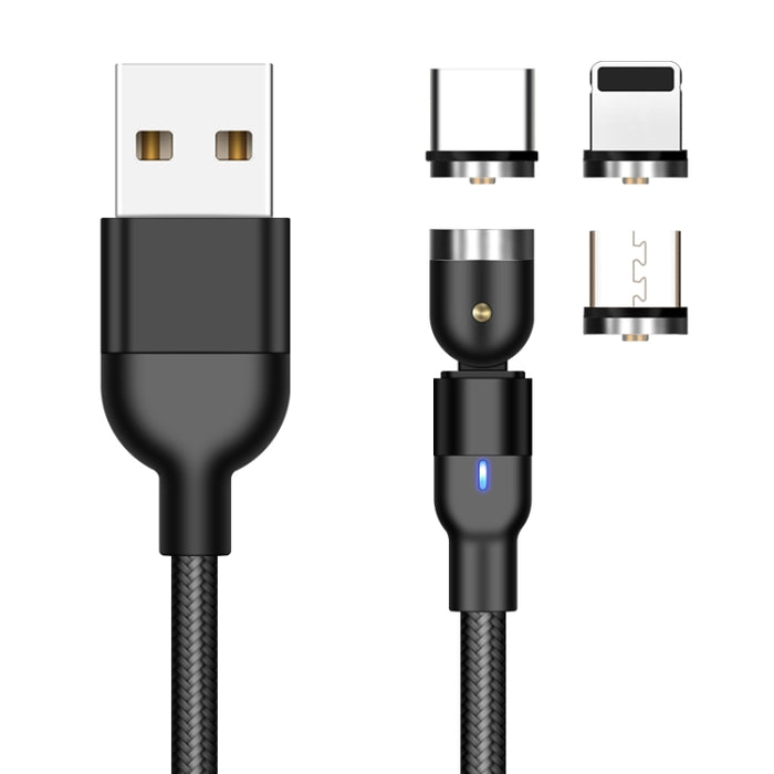 1m 2A Salida 3 en 1 USB a 8 pines + USB-C / Type-C + Micro USB Cable de carga magnético giratorio trenzado de nailon