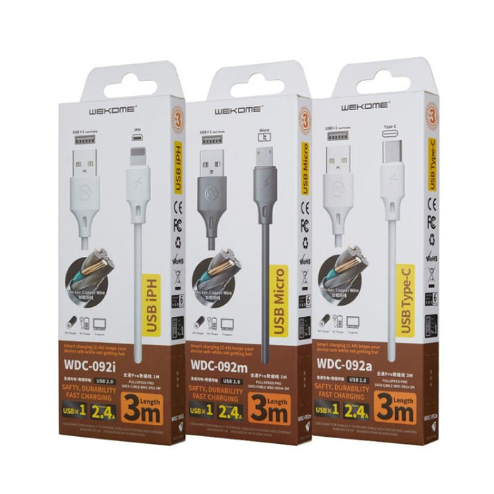 WK WDC-092 Cable de carga de sincronización de datos USB a 8 pines serie Pro de velocidad máxima de salida máxima de 3 m 2,4 A