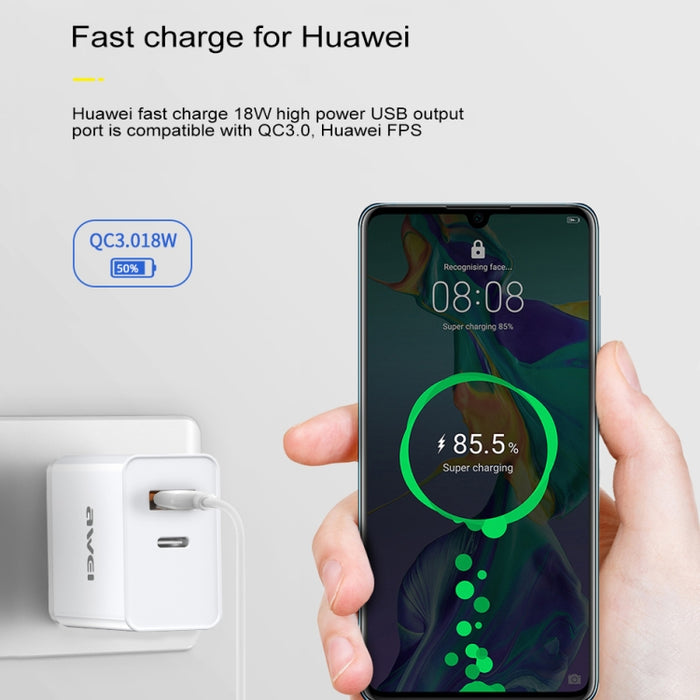 awei C-980 18W PD USB-C / Type-C + QC 3.0 Interfaz USB Cargador de viaje de carga rápida, enchufe de la UE