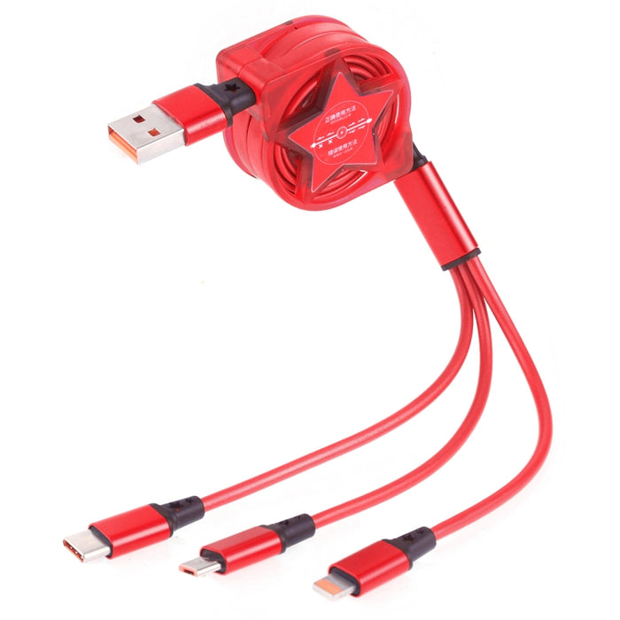 Cable de carga de sincronización de datos retráctil USB 3 en 1 de 1,2 m a USB-C / Type-C + 8 pines + Micro USB