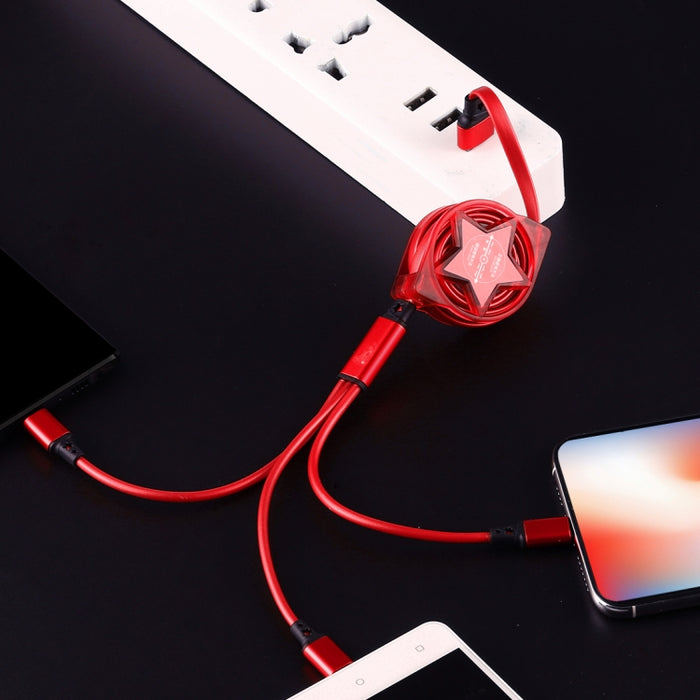 Cable de carga de sincronización de datos retráctil USB 3 en 1 de 1,2 m a USB-C / Type-C + 8 pines + Micro USB