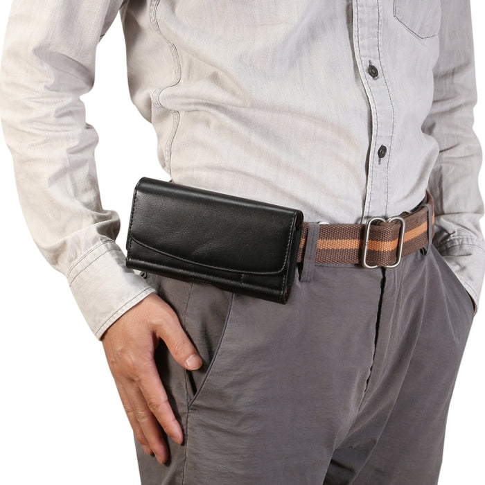 Cordero banda elástica hombres 5,2 pulgadas teléfono móvil Universal colgante cintura Funda de cuero con ranura para tarjeta,