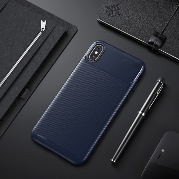 Para iPhone X / XS Funda de TPU a prueba de golpes con textura de fibra de carbono con forma de escarabajo