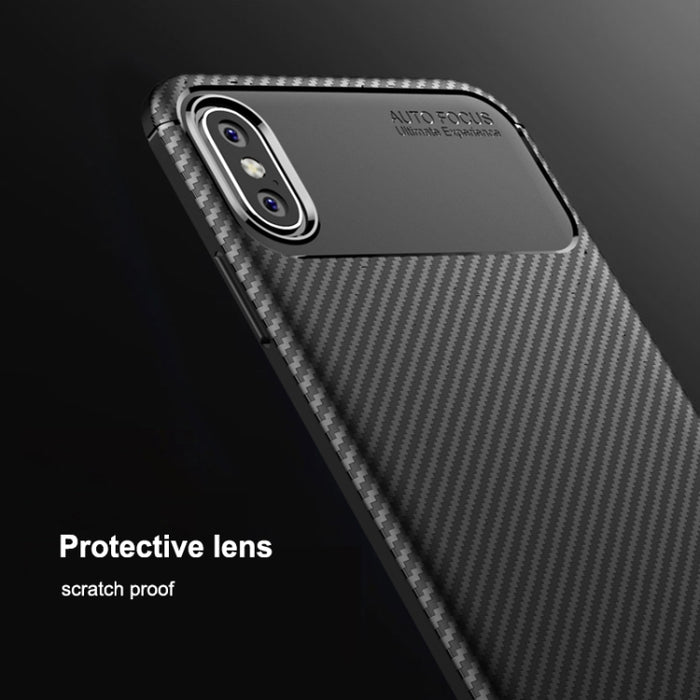 Para iPhone X / XS Funda de TPU a prueba de golpes con textura de fibra de carbono con forma de escarabajo