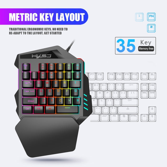 HXSJ V100 Teclado para juegos con cable, retroiluminación de siete colores, mecánico, universal, con una sola mano, 35 teclas, eje azul, longitud: 1,6 m