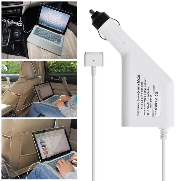 Cargador de coche MagSafe 2 estilo T de 45 W, 14,85 V, 3,05 A, 5 pines, con 1 puerto USB para Apple Macbook A1466 / A1436 / A1465 / A1435 / MD224 / MD231 / MD761 / MD711, longitud: 1,7 m