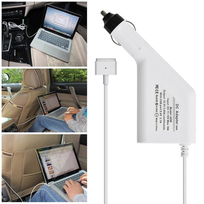 Cargador de coche MagSafe 2 estilo T de 60 W, 16,5 V, 3,65 A, 5 pines, con 1 puerto USB para Apple Macbook A1465 / A1502 / A1435 / MD212 / MD2123 / MD662, longitud: 1,7 m