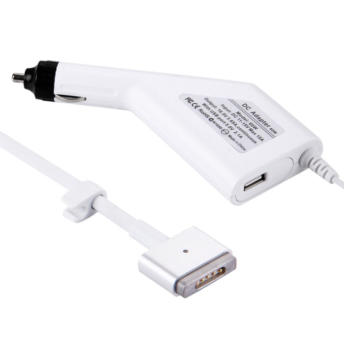 Cargador de coche MagSafe 2 estilo T de 60 W, 16,5 V, 3,65 A, 5 pines, con 1 puerto USB para Apple Macbook A1465 / A1502 / A1435 / MD212 / MD2123 / MD662, longitud: 1,7 m