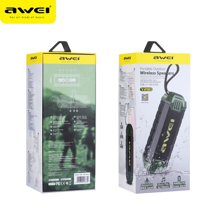 Wei Y280 IPX4 Altavoz Bluetooth Power Bank con graves mejorados, micrófono incorporado, compatible con tarjeta FM/USB/TF/AUX
