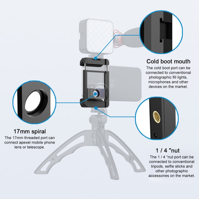 APEXEL F001 Estabilizador de mano multifuncional Soporte para lente Clip para teléfono