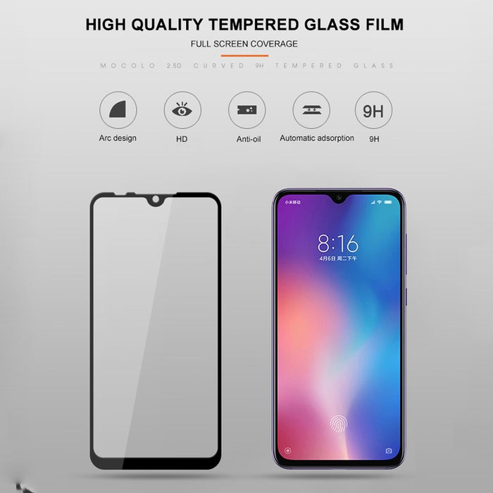 mocolo 0.33mm 9H 2.5D Película de vidrio templado con impresión de seda y pegamento completo para Xiaomi Mi 9 SE, For Xiaomi Mi 9 SE