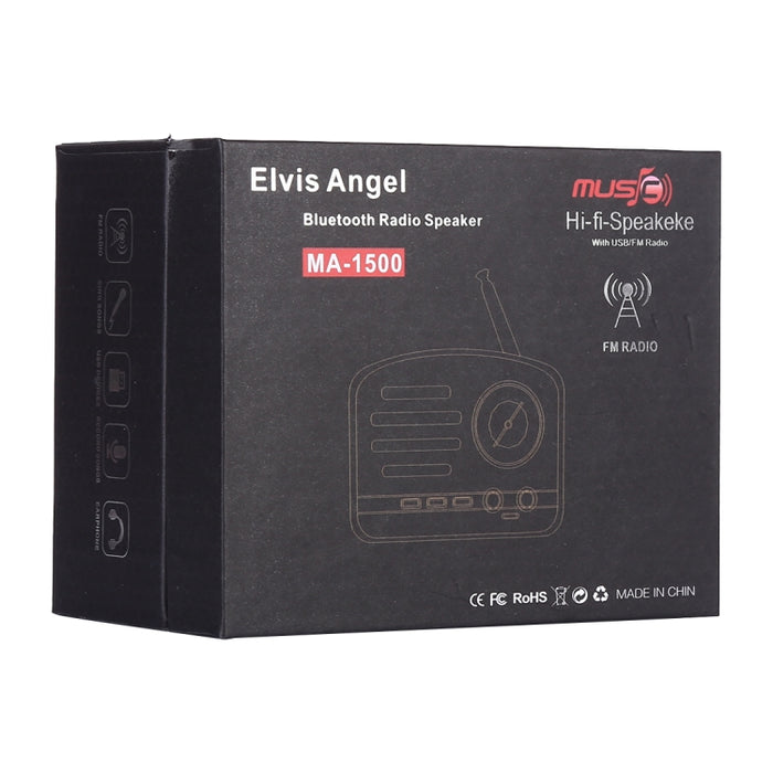 Elvis Angel MA-1500 Altavoz de radio de alta fidelidad Bluetooth retro con luz LED colorida, compatible con USB, FM y auxiliar de 3,5 mm