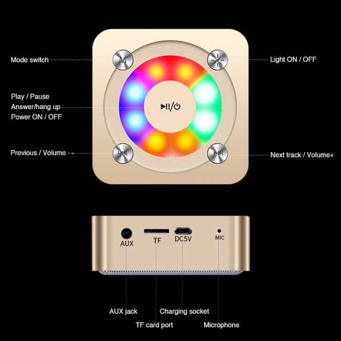 Altavoz estéreo Bluetooth portátil A9 con micrófono y luz incorporados, admite llamadas con manos libres, tarjeta TF y entrada auxiliar, distancia de Bluetooth: 10 m