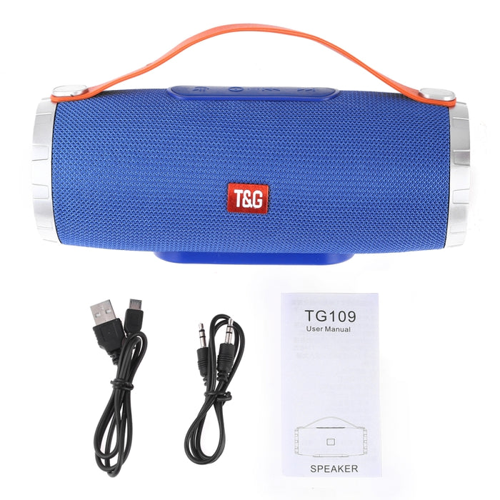 T&G TG109 Altavoz estéreo inalámbrico portátil Bluetooth V4.2 con asa, micrófono incorporado, compatible con llamadas manos libres, tarjeta TF, entrada auxiliar y FM