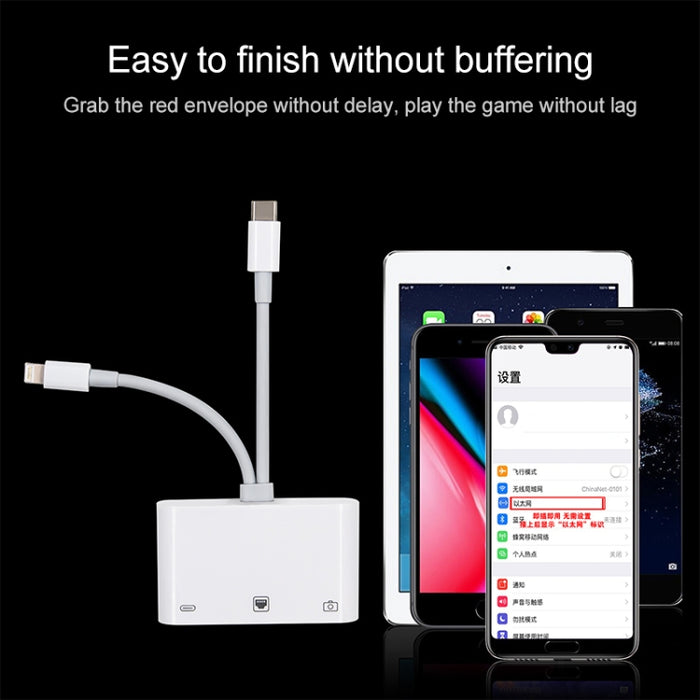 NK-107 Pro 3 en 1 USB-C / Type-C + 8 pines macho a USB + RJ45 + adaptador de interfaz de carga hembra de 8 pines