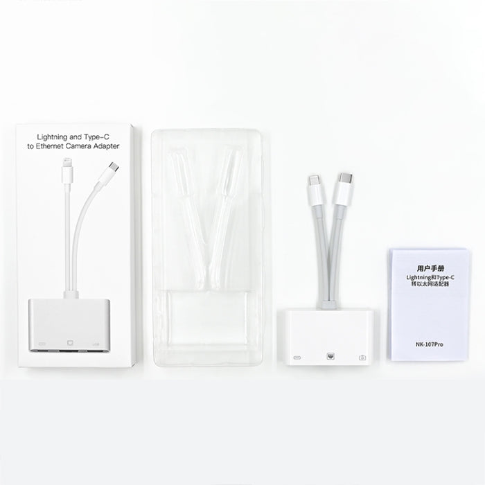 NK-107 Pro 3 en 1 USB-C / Type-C + 8 pines macho a USB + RJ45 + adaptador de interfaz de carga hembra de 8 pines