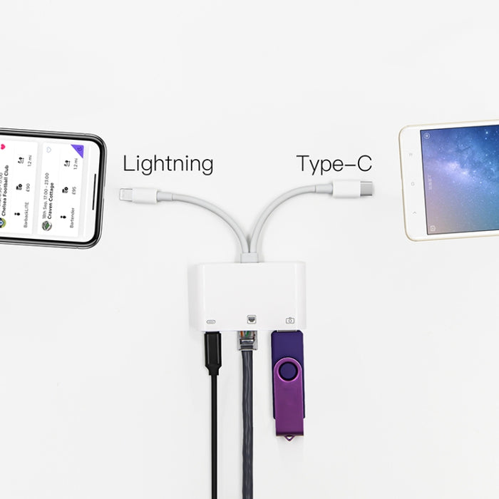 NK-107 Pro 3 en 1 USB-C / Type-C + 8 pines macho a USB + RJ45 + adaptador de interfaz de carga hembra de 8 pines