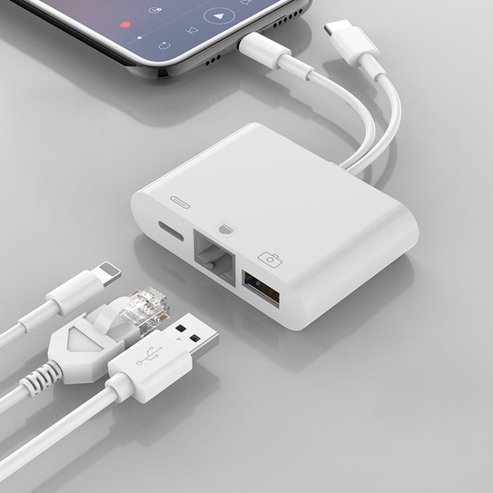 NK-107 Pro 3 en 1 USB-C / Type-C + 8 pines macho a USB + RJ45 + adaptador de interfaz de carga hembra de 8 pines