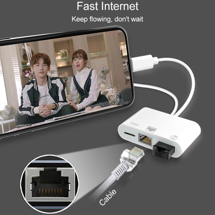 NK-107 Pro 3 en 1 USB-C / Type-C + 8 pines macho a USB + RJ45 + adaptador de interfaz de carga hembra de 8 pines