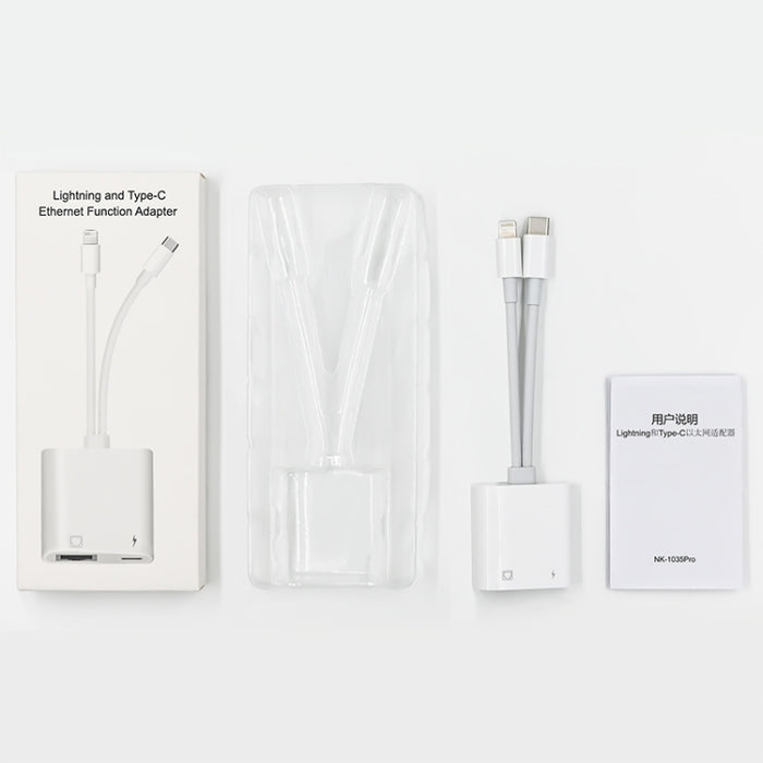 NK-1035 Pro 2 en 1 USB-C / Type-C + Adaptador de interfaz de carga hembra de 8 pines macho a RJ45 + 8 pines