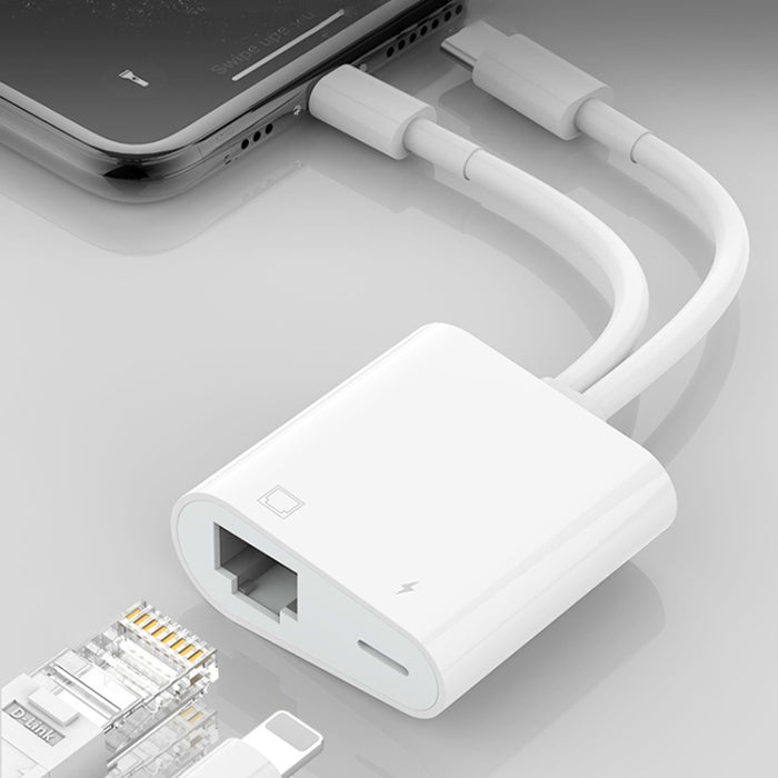 NK-1035 Pro 2 en 1 USB-C / Type-C + Adaptador de interfaz de carga hembra de 8 pines macho a RJ45 + 8 pines