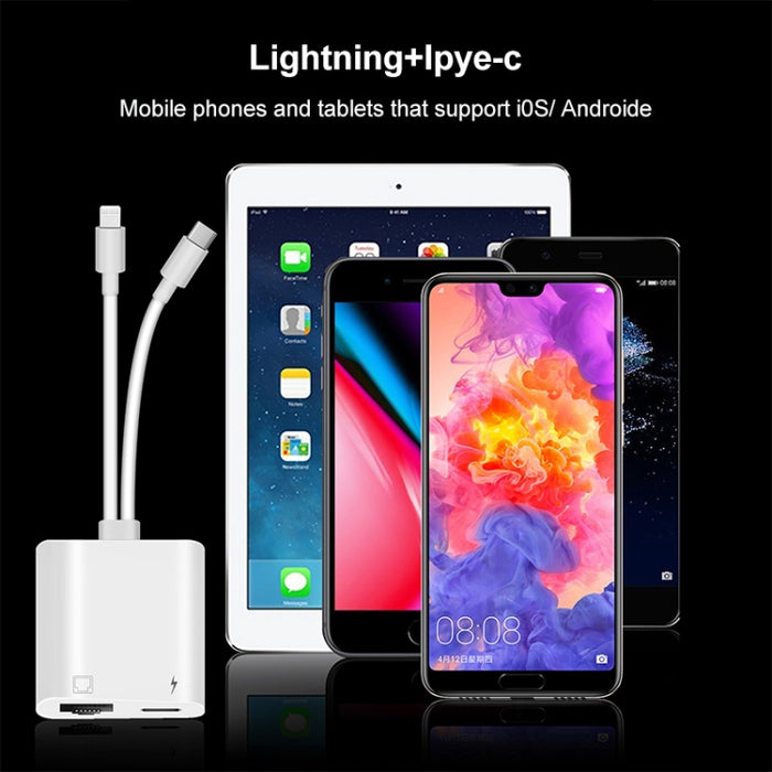 NK-1035 Pro 2 en 1 USB-C / Type-C + Adaptador de interfaz de carga hembra de 8 pines macho a RJ45 + 8 pines