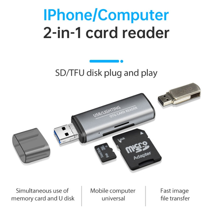 118 2 en 1 USB + Interfaces de 8 pines Disco flash USB / Tarjeta de memoria Lector de tarjetas OTG para sistema IOS Teléfono móvil / computadora
