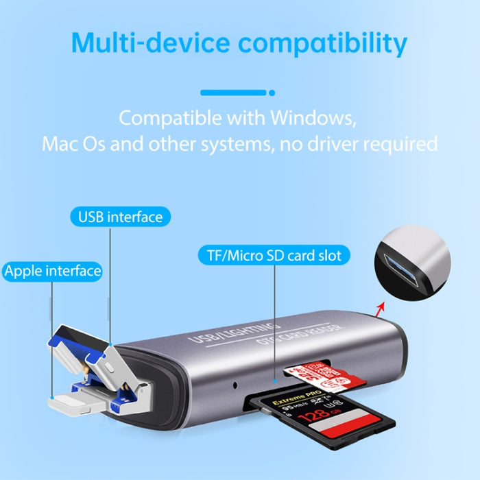 118 2 en 1 USB + Interfaces de 8 pines Disco flash USB / Tarjeta de memoria Lector de tarjetas OTG para sistema IOS Teléfono móvil / computadora