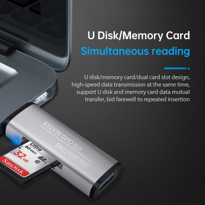 118 2 en 1 USB + Interfaces de 8 pines Disco flash USB / Tarjeta de memoria Lector de tarjetas OTG para sistema IOS Teléfono móvil / computadora