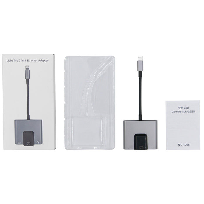 NK-1056 3 en 1 8 pines macho a 8 pines de carga + Ethernet RJ45 + adaptador hembra para auriculares de 3,5 mm