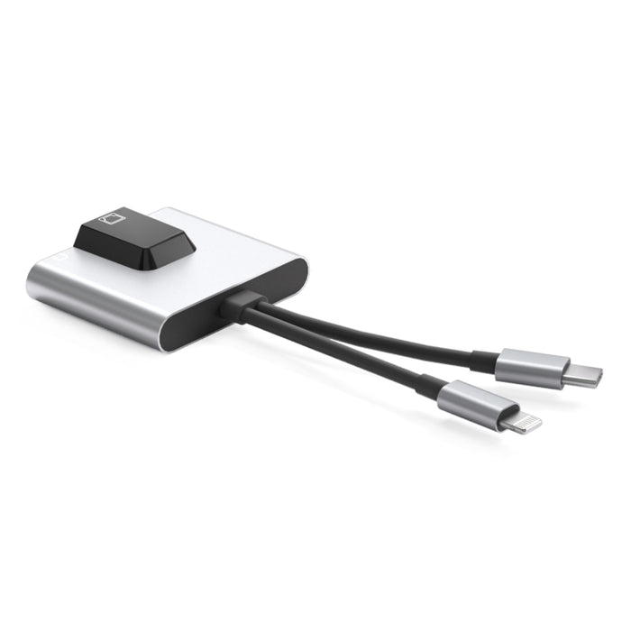 NK-1056Pro 3 en 1 8 pines + USB-C / Type-C macho a carga de 8 pines + Ethernet + adaptador hembra para auriculares de 3,5 mm
