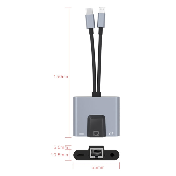 NK-1056Pro 3 en 1 8 pines + USB-C / Type-C macho a carga de 8 pines + Ethernet + adaptador hembra para auriculares de 3,5 mm